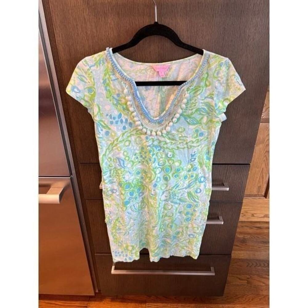 Lilly‎ Pulitzer Harper Dress Pool Blue Green Any Fins Possible Pom Pom Sz XS